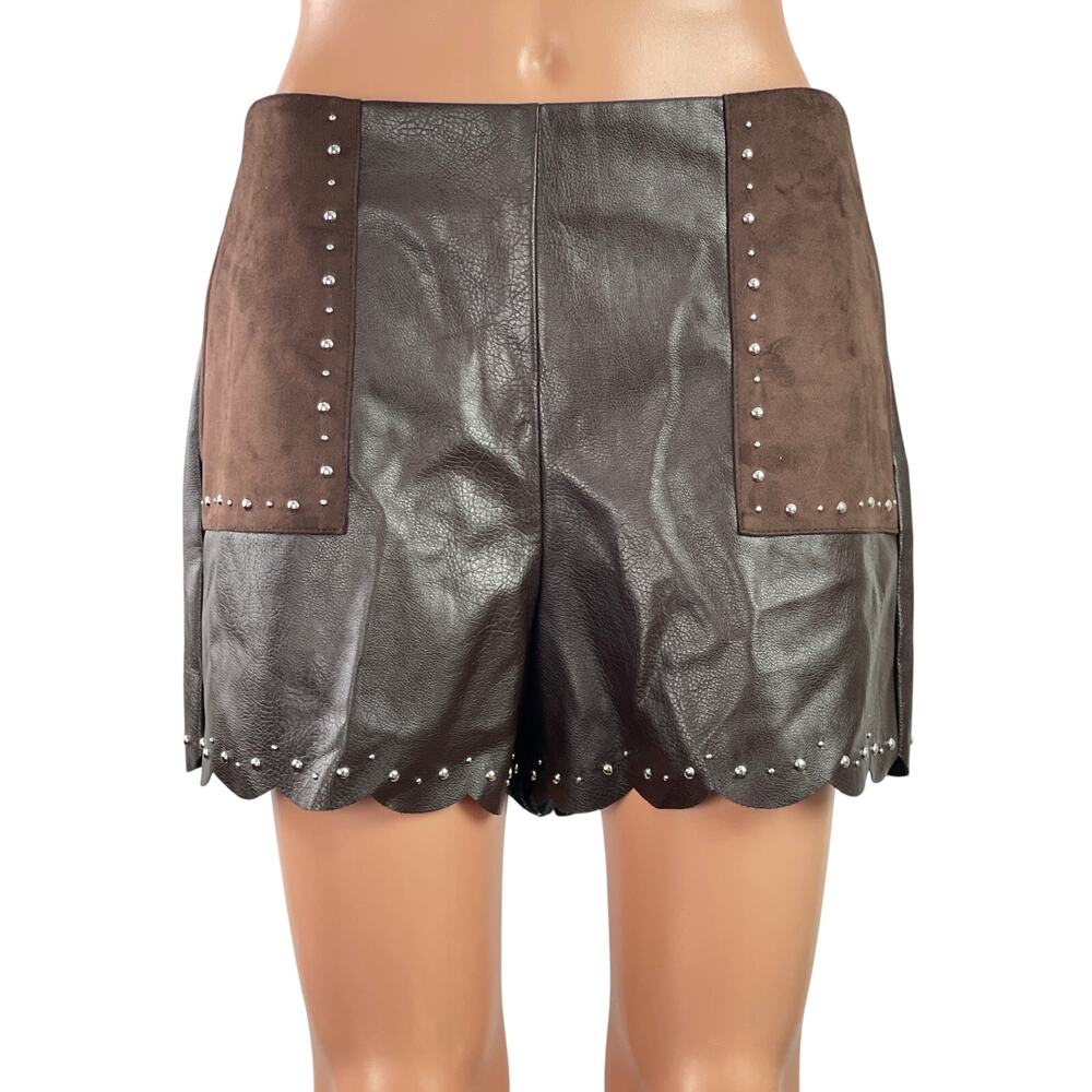 NEW Anthropologie Brown High Rise Faux Leather Vegan Studded Mini Shorts Size 6